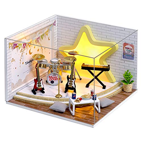 Doll House Miniature Dollhouse Kit DIY Wooden Dollhouse Accessories with Musical Instrument Toy Plus Dust Proof Cover Model House Assembled Cabin Handcrafts Educational Toys for Kids Teens Adults