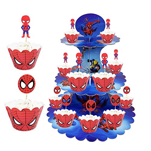 TOXYU 32PCS Spiderman CupCake Wrappers, Spiderman Cupcake Stand, 3 Tier Cakes Stand, 12Pcs Spiderman Cake Topper Party Decoration Supplies