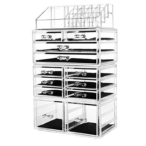 HBlife Makeup Organizer Acrylic Cosmetic Storage Drawers and Jewelry Display Box with 12 Drawers, 9.5' x 5.4' x 15.8', 4 Piece