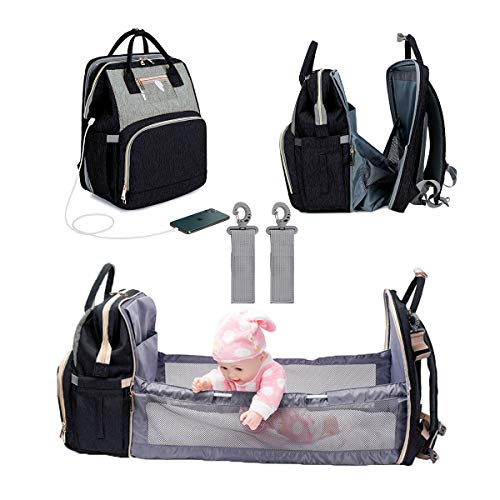 3 in 1 Diaper Bag Backpack Foldable Baby Bed Waterproof Travel Bag with USB Charge Baby Changing Bag (Black-gray)