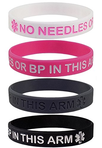 4 Pack - Lymphedema Alert NO Needles OR BP This ARM Silicone Bracelet Wristbands (4 Pack)