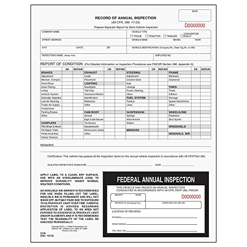 Record of Annual Inspection with Inspection Decal 10-pk. - Continuous Format, 2-Ply, Carbonless, 9.5' x 11' - Complies with DOT AVIR Requirements 49 CFR Part 396 - J. J. Keller & Associates