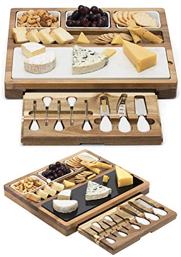 Shanik Cheese Board With 7 Piece Stainless Steel Cutlery Set - Acacia Wood Charcuterie Board and Cheese Serving Platter With Slide-Out Drawer, 3 Ceramic Bowls, Double Sided Marble Blade, Perfect Gift