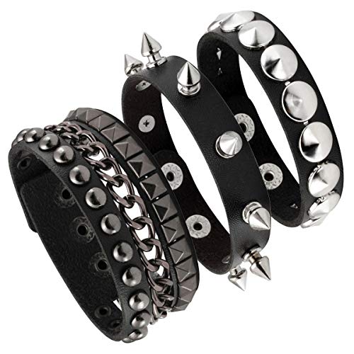 Eigso 3 Pcs Leather Bracelet of Punk Rock Rivet Wrap Retro Spike Bracelet Adjustable for Women Men