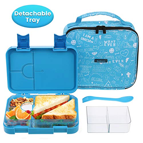 Bento Box for kids Godmron Bento Lunch box School Lunch Container for Girls Boys with Insulated Bag Spoon Fork, Leak-proof, BPA-Free, 4/6 Compartments with Removable Tray for Meal Portion Control