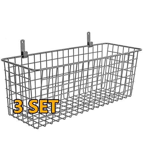 3 Set [Extra Large] Hanging Wall Basket for Storage, Wall Mount Sturdy Steel Wire Baskets, Metal Hang Cabinet Bin for Organizing, Rustic Farmhouse Decor, Kitchen Bathroom Accessories, Industrial Gray