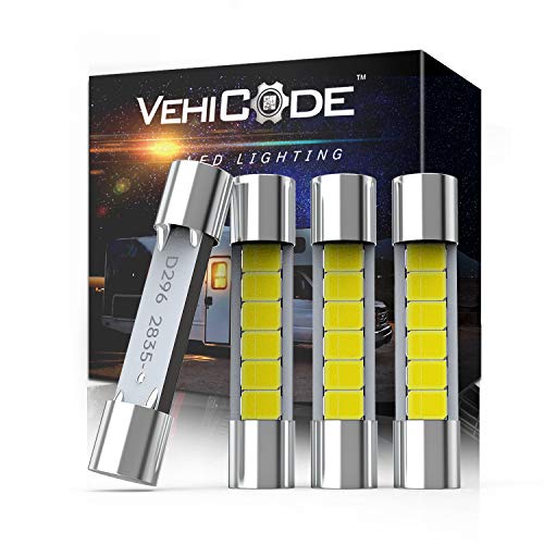 VehiCode 28mm 29mm LED Fuse 6614F 6612F 6615F TS-14V1CP LED Festoon Bulbs Kit 6 SMD-2835 Chips 6000K White for 12V Car Interior Sun Visor Vanity Mirror Dome Light Lamp Replacement (4 Pack)