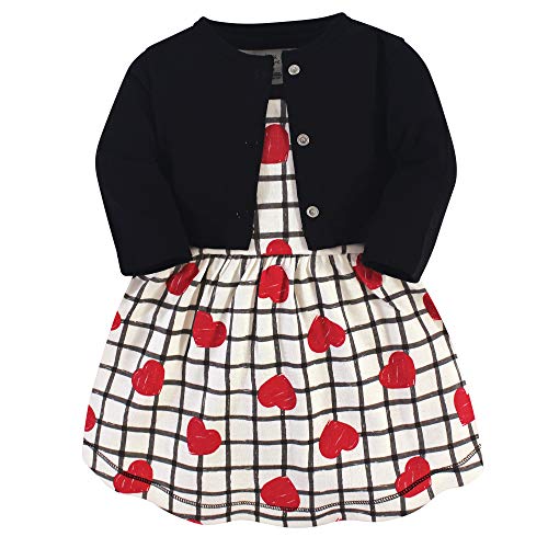 Touched by Nature Baby Girls' Organic Cotton Dress and Cardigan, Black Red Heart, 0-3 Months