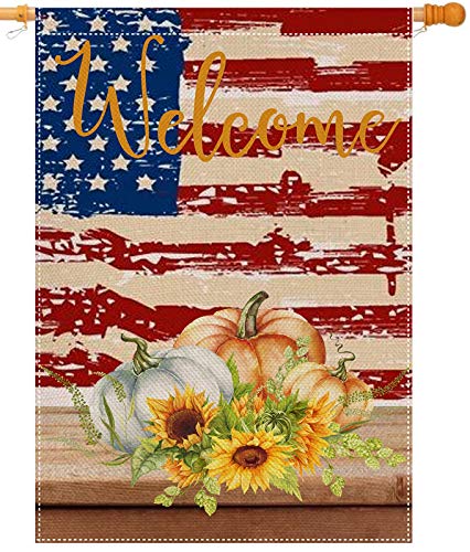 AUOIKK Fall Pumpkin Welcome House Flag Vertical Double Sided, Autumn Farmhouse Flag Harvest Vintage Thanksgiving Patriotic Yard Patio Lawn Outdoor Garden Decoration 28 x 40 Inch