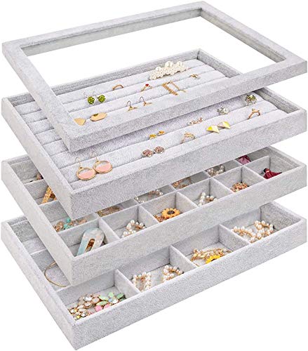 Mebbay Stackable Velvet Jewelry Trays Organizer Set with Clear Lid Jewelry Storage Display Trays for Drawer, Earring Necklace Bracelet Ring Organizer, Set of 4