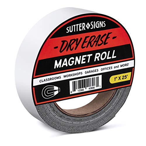 Sutter Signs Write On Magnets Roll, Dry Erase Magnetic Strip, Glossy White, 1 Inch Wide x 25' Long