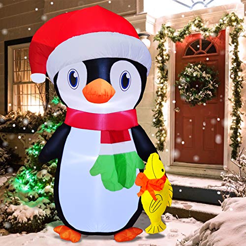 TURNMEON 6 Feet Christmas Inflatables Outdoor Decorations Santa Penguin Holds Fish with Tethers Stakes LED Lights Blow Up Christmas Decoration Holiday Yard Outdoor Decor Lawn Garden Home Party