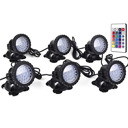 Pond Light Waterproof IP 68 Multi-Color & Adjustable & Dimmable Submersible Spotlight with 36-LED Bulbs Spot Light for Aquarium Tank Garden Pool Lawn Fountain Waterfall (Set of 6) (Remote Control)