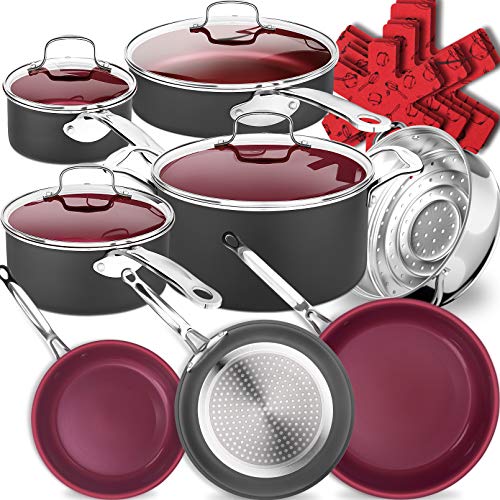 Dealz Frenzy Hard Anodized Nonstick 18 Piece Induction Cookware Set, Highly Wear-Resistant Pots and Pans Set with Stainless Handles, Scratch Resistance, Anti-warp, Thicken Base, Dishwasher/Oven Safe