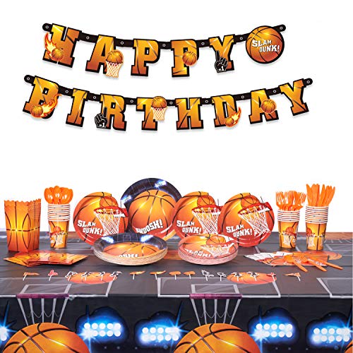Decorlife Basketball Party Decorations for Boys, Sports Birthday Party Supplies, Total 206 PCS Including Tablecloth, Plates, Cups, Napkins, Cupcake Toppers, Popcorn Boxes, Cutlery Sets, Happy Birthday Banner – Serve 24
