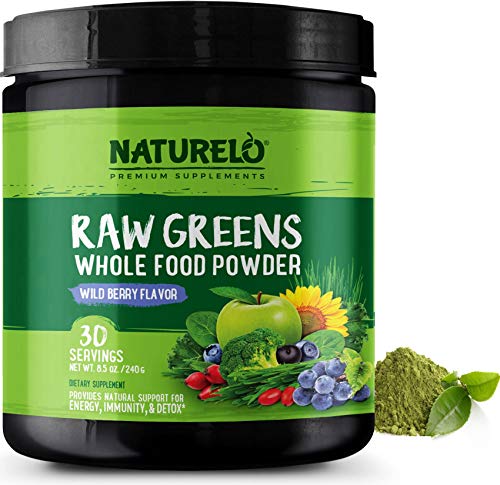 NATURELO Raw Greens Superfood Powder - Best Supplement to Boost Energy, Detox, Enhance Health - Organic Spirulina & Wheat Grass - Whole Food Vitamins from Fruit & Vegetable Extracts - 30 Servings