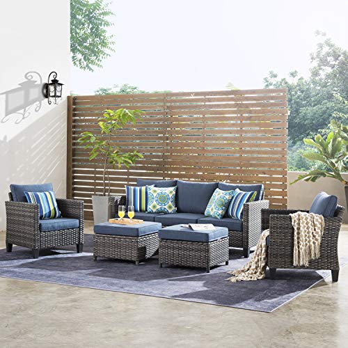 ovios Patio furnitue, Outdoor Furniture Sets,Morden Wicker Patio Furniture sectional with Table and Pillow,Backyard,Pool (Grey-Denim Blue)