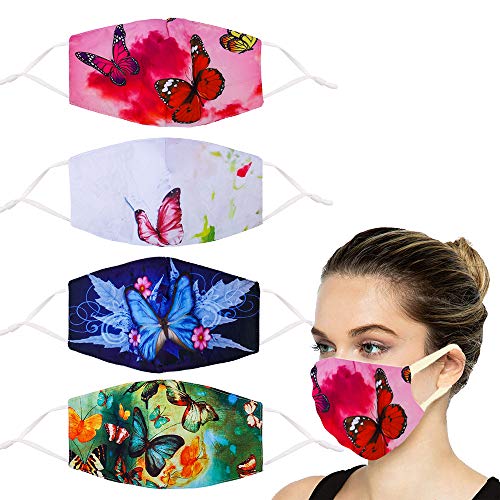 YUESUO Reusable Cloth Face Masks Women, Red Butterfly Designer Print Fashion Breathable Cute Patterned Funny Pretty Washable Adjustable Cotton Fabric Decorative for Women Mens.(Nevy Pink)