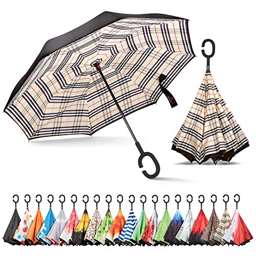 Sharpty Inverted Umbrella, Umbrella Windproof, Reverse Umbrella, Umbrellas for Women, Upside Down Umbrella with C-Shaped Handle (Beige Plaid)