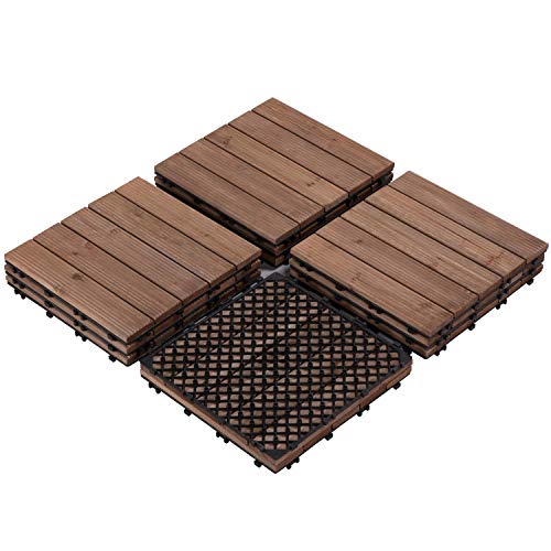 Topeakmart 12 x 12in Wood Floor Tiles Deck Patio Pavers Interlocking Flooring Balcony Decor Tiles Both Indoors Outdoors for Deck Poolside Gazebo Greenhouse Bathroom Solid Wood 11PCS