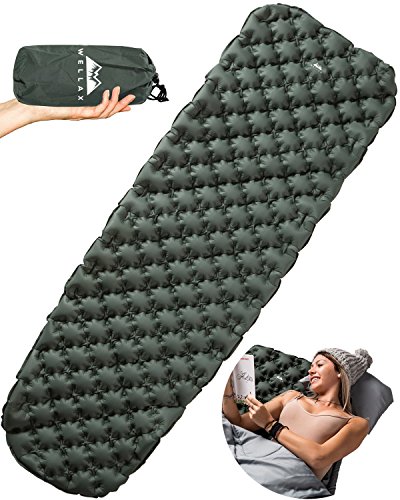WellaX Ultralight Air Sleeping Pad - Inflatable Camping Mat for Backpacking, Traveling and Hiking Air Cell Design for Better Stability & Support -Plus Repair Kit - Green