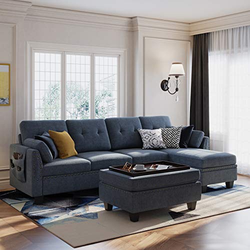 HONBAY Convertible Sectional Sofa Couch Set L-Shape Sofa Couch Set 4 Seat Sofa Sectional with Storage Ottoman for Living Room,Bluish Grey (Sectional+Tray Ottoman)