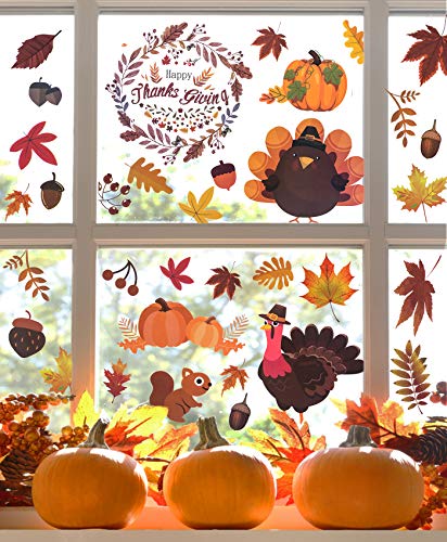 Bassion 180Pcs Fall Window Clings Decorations - Autumn Maple Leaves Turkey Pumpkin Stickers Decals for Thanksgiving Decor