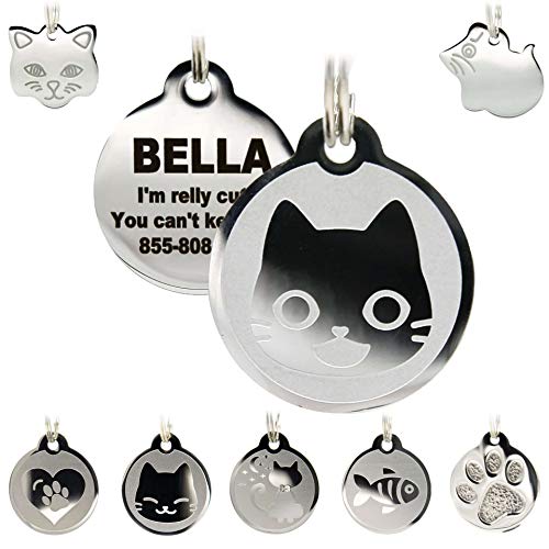 Stainless Steel Cat ID Tags - Engraved Personalized Cat Tags Includes up to 4 Lines of Text with Kitty Face Shape