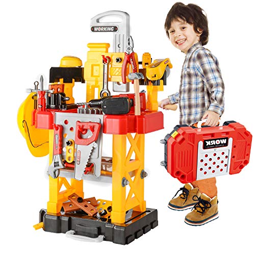 Toy Choi's Pretend Play Series Transformable Workbench Toy Tool Play Set, 83Pieces Construction Work Shop Toy Tool Kit Bench Outdoor Preschool Toy Gift for Kids Toddler Baby Children Boys and Girls