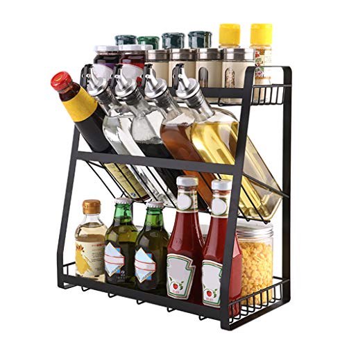 DD-upstep Multi-Functional Spice Rack, Three-Storey Standing Condiment Rack, Kitchen Supplies Collection And Arrangement Shelf Ground Rack, 14.2x7.5x15.7 inch, Black