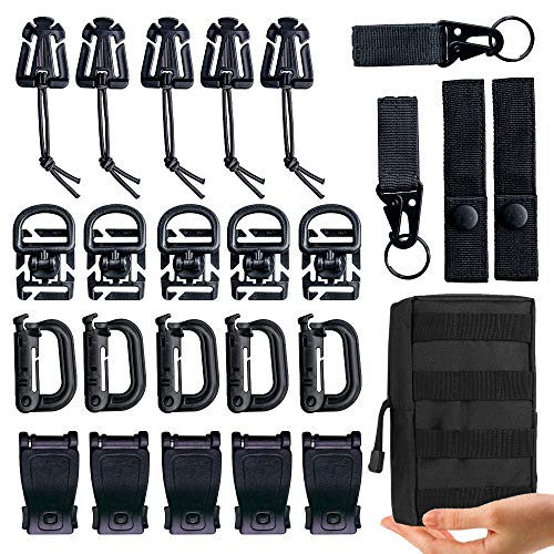 MWZTECH Kit of 25 Attachments for Molle Backpack, Molle Dominators Webbing Accessories kit for Tactical Backpack,D-Ring Grimloc Locking Gear Clip,Web Dominator Elastic Strings