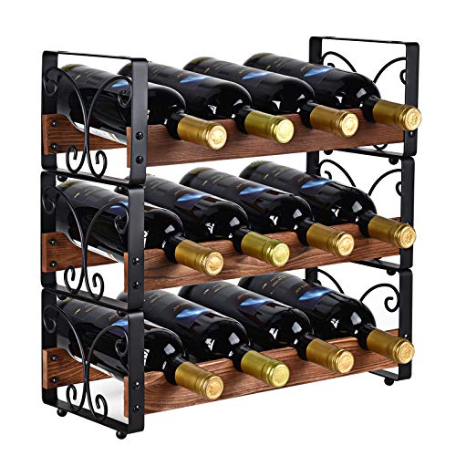 X-cosrack Rustic 3 Tier Stackable Wine Rack Freestanding 12 Bottles Organizer Holder Stand Countertop Liquor Storage Shelf Solid Wood & Iron 16.5' L x 7.0' W x 16.5' H-Patent Pending