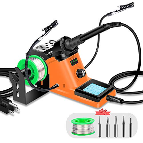 LONOVE Soldering Iron Station Kit – 60W Solder Station 194℉-896℉ Adjustable Temperature, LED Display, Sleep Function, C/F Switch, 2 Helping Hands, 5 Extra Solder Tips & 1 Solder Wire