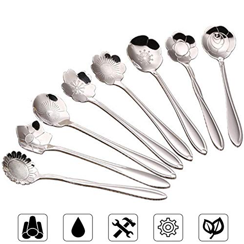 Coffee Scoops, Stirring Spoon, Stainless Steel Creative Spoon for Tea、Cake、Sugar、Dessert Ice Cream Spoon Kitchen Seasoning Or Spice Spoon, 1 Set contain 8 Different Pattern (Silver)
