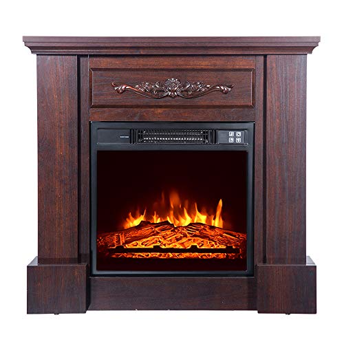 ZEROFEEL Wood Brown Fireplace Cabinet, Electric Fireplace TV Stand Wood Mantel with Small Remote Control Movement,1400W Fake Firewood for Living Room Storage in Winter