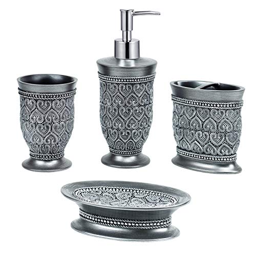 TONIAL Bathroom Accessories Set 4 Piece Resin Bathroom Decor Set with Soap/Lotion Dispenser, Toothbrush Holder, Soap Dish, and Tumbler, Lovely Heart Design