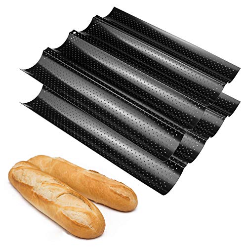 Fasmov Set of 2 French Bread Baking Pan Nonstick Perforated Baguette Pan 4 Wave Loaves Loaf Bake Mold Toast Cooking Bakers Molding, Black