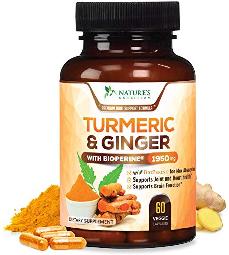Turmeric Curcumin 95% Curcuminoids with BioPerine and Ginger 1950mg - Black Pepper for Ultra High Absorption, Made in USA, Best Vegan Joint Support, Turmeric Ginger Supplement Pills - 60 Capsules
