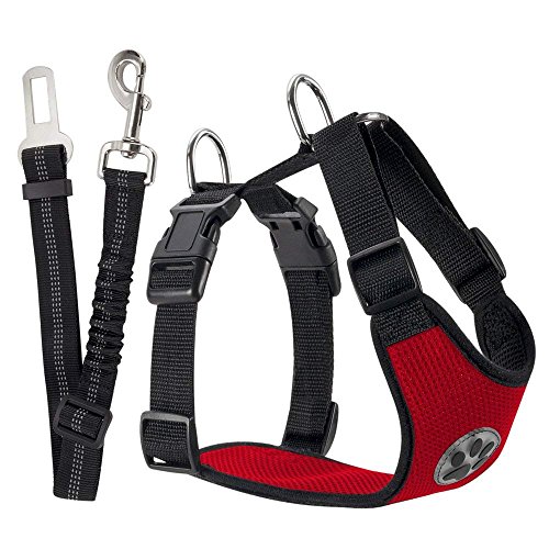 SlowTon Dog Car Harness Plus Connector Strap, Multifunction Adjustable Vest Harness Double Breathable Mesh Fabric with Car Vehicle Safety Seat Belt .(Red, Medium)