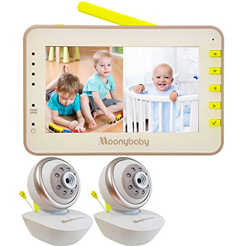 Moonybaby Split 55 Video Baby Monitor 2 Cameras, Split Screen, Non-WiFi Pan Tilt Camera, Wide View Lens Included, 4.3 inches Large Monitor, Night Vision, Temperature, 2 Way Talk Back, Long Range