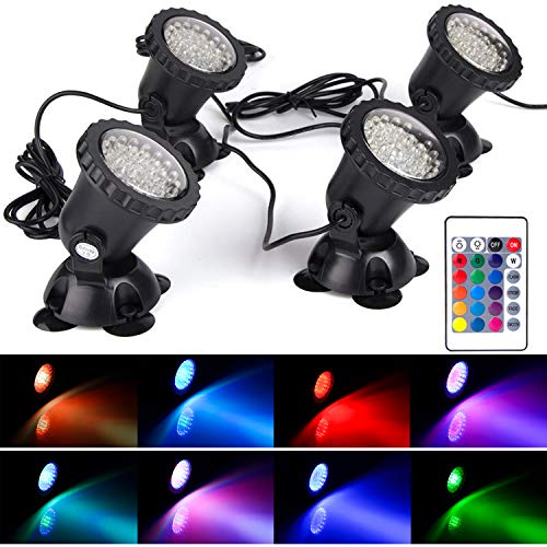 Pond Light Waterproof IP 68 Multi-Color & Adjustable & Dimmable Submersible Spotlight with 36-LED Bulbs Spot Lights for Aquarium Tank Garden Pool Lawn Fountain Waterfall (Set of 4) (Remote Control)