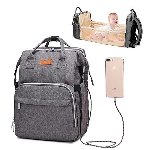 3 in 1 Travel Foldable Baby Bed Diaper Bag,Diaper Backpack Changing Station,Built-in USB Charging Port and Stroller Straps