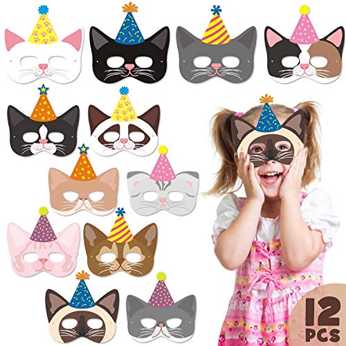 12 Packs Cat Kitten Party Masks with Party Hats Halloween Kitten Masks for Kids Kitty Cat Birthday Party Costumes Dress-Up Party Supplies