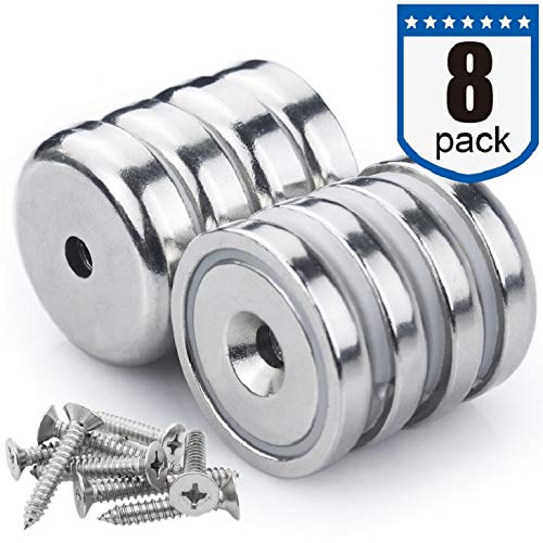 Super Power Rare Earth Cup Magnets, 95 LBS Holding Force, 1.26 inch x 0.3 inch Diameter, Industrial Strength Round Base Neodymium Magnets, Countersunk Hole for Home, Kitchen, Workplace, Pack of 8