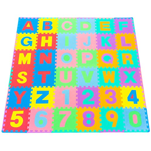 ProSource Kids Puzzle Alphabet, Numbers, 36 Tiles and Edges Play Mat, 12' by 12'