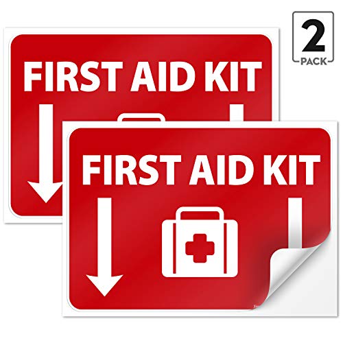 First Aid Kit Sign, (2 Pack) Sticker, 10x7 Inches, 4 Mil Vinyl Self Adhesive Durable Decal Stickers, Long Lasting, Weatherproof and UV Protected, Made in USA by SIGO SIGNS
