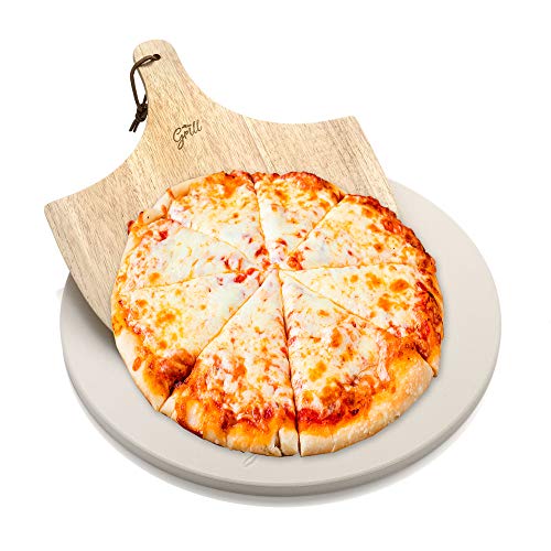 Hans Grill Pizza Stone for Oven and Grill/BBQ Cook Pizzas in Seconds 15' Circular Board with Free Wooden Pizza Peel X Large 15 Inches Easy Handle Baking | Bake Grill, for Pies, Pastry Bread, Calzone
