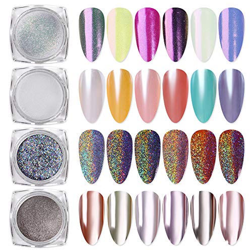 BORN PRETTY 4 Boxes Nail Art Powder Mirror Holographic Laser Colorful Neon Pearl Pigment Manicuring Glitter Dust