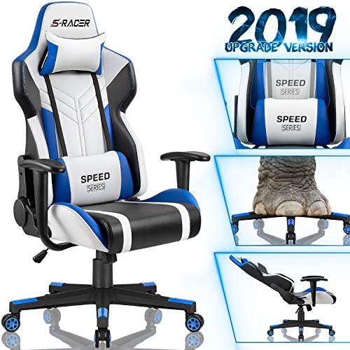 Homall Gaming Chair Racing Style High-Back PU Leather Office Chair Computer Desk Chair Executive and Ergonomic Swivel Chair with Headrest and Lumbar Support (White/Blue)