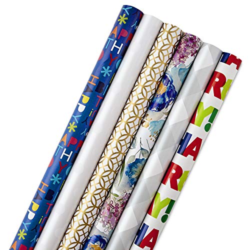 Hallmark 5JXW1745 All Occasion Wrapping Paper Bundle with Cut Lines on Reverse (Pack of 6, 180 sq. ft. ttl.) Happy Birthday, Polka Dots, Holidays, Weddings and Everyday Celebrations
